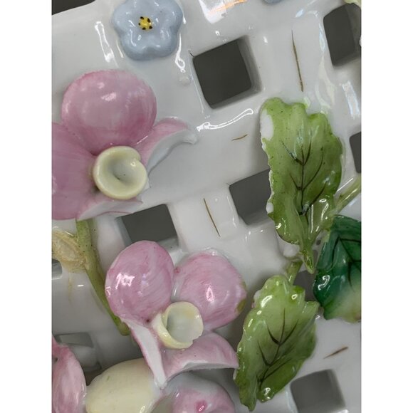 Antique Large Porcelain Floral Footed Centerpiece Bowl encrusted Rose & Leaf - Picture 13 of 16